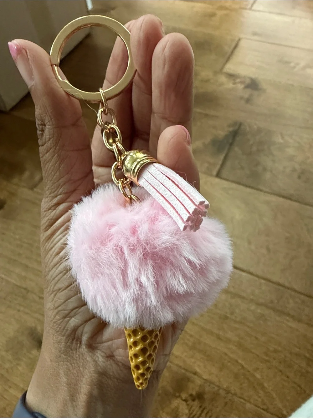 Pink Faux Fur Ice Cream Pom-Pom Keychain with Tassel - Gold Hardware
